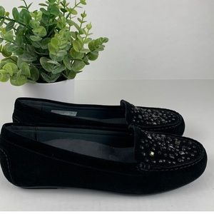 Vionic Athens black loafers with gem embellished on suede like material.